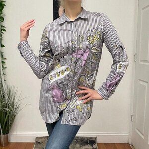 Custo Button Down Striped Blouse Shirt Long Sleeve Size S White/Black